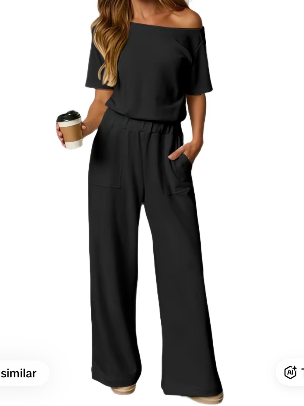 NWT Fisoew Off-Shoulder Black Wide-Leg Jumpsuit